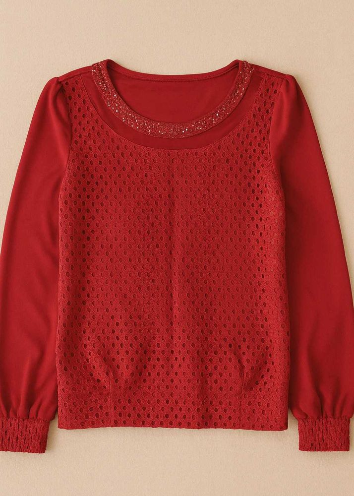 Red Embellished Long Sleeve Top