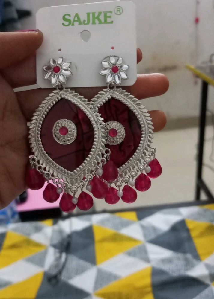 Statement Silver &amp; Burgundy Drop Earrings