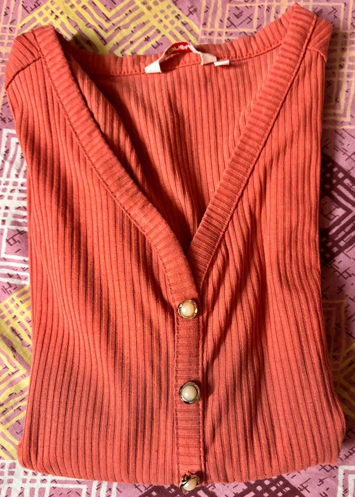 Coral Ribbed Knit Button-Up Top