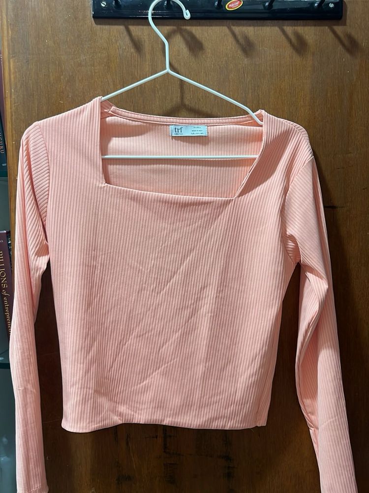 Stylish Peach Ribbed Square Neck Crop Top