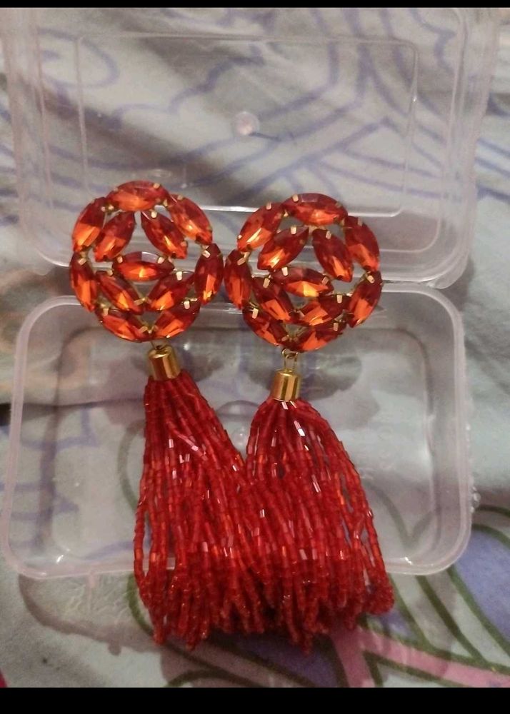 Red Beaded Tassel Earrings