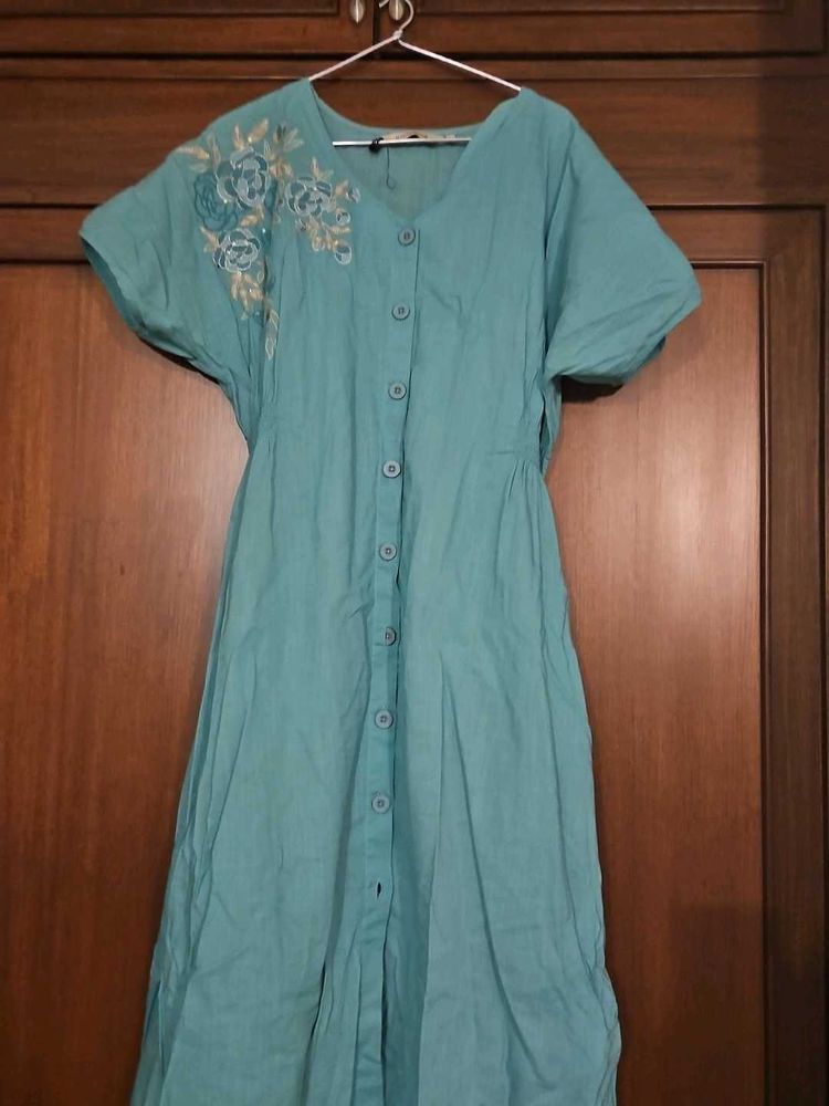 Teal Embroidered Button-Down Dress