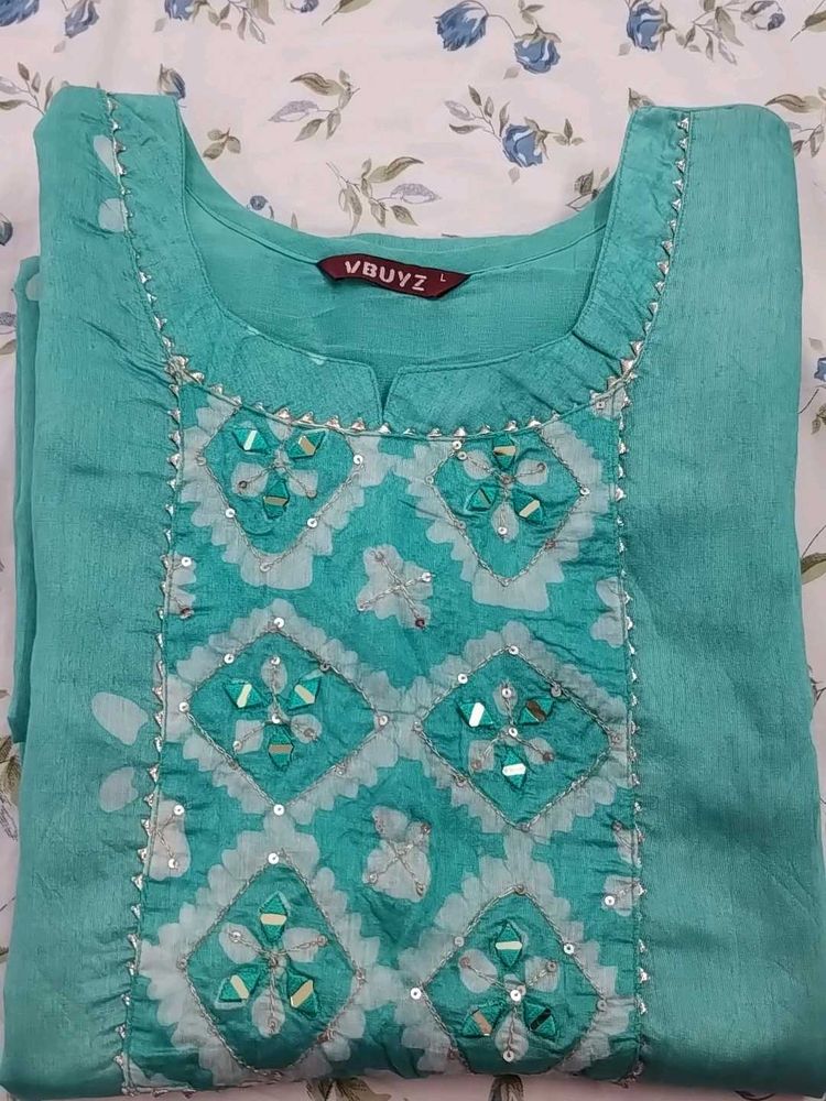 Women&#39;S Cotton Mirror Work A-Line Kurta &amp; Dupatta