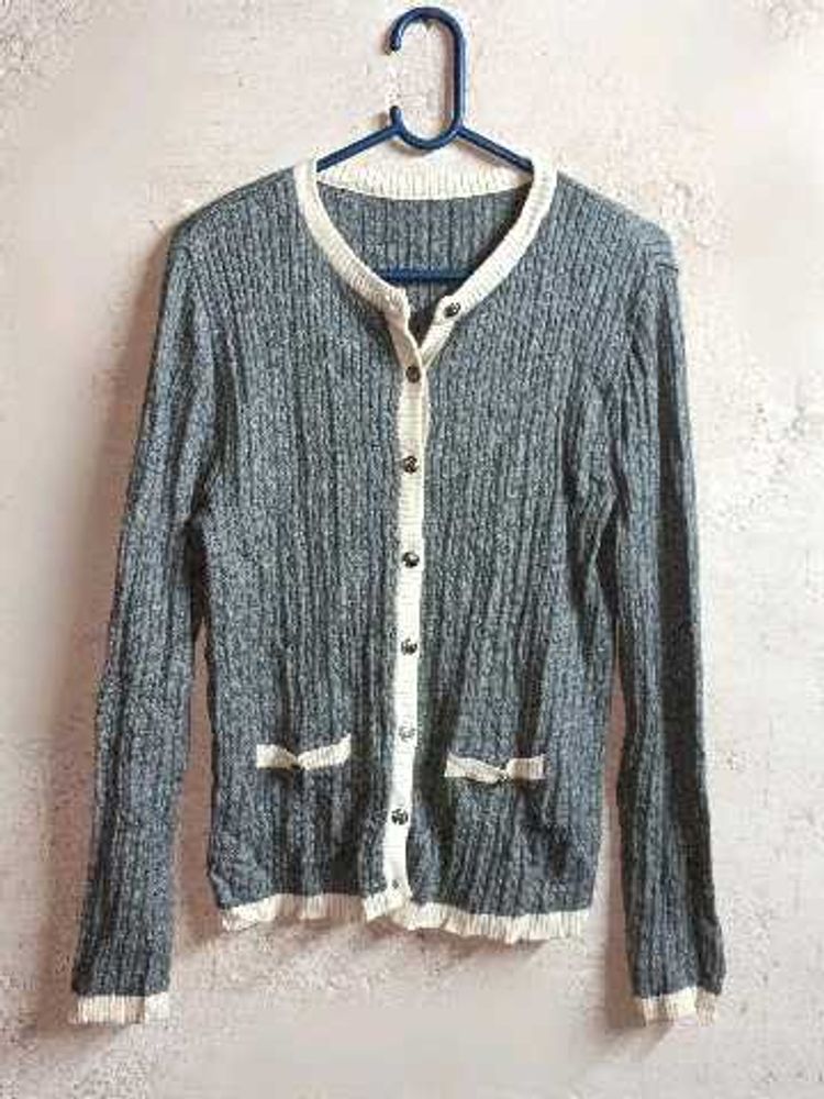 Ladies Winter Fashion Cardigan Ribbed Sweater Grey