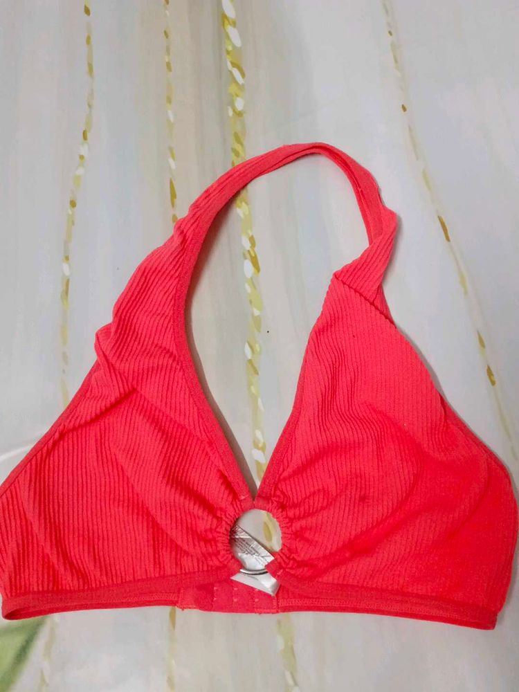 (1013)Bright Pink Ring Detail Halter Bikini Top