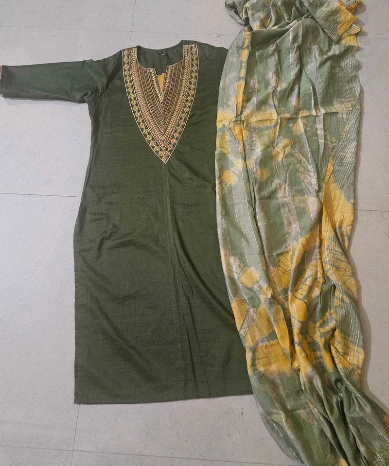Olive Green Embroidered Kurta Set