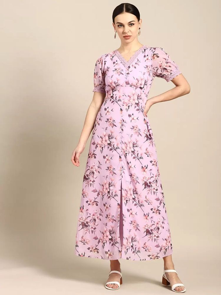 Lavender &amp; Brown Floral Print Front Slit Dress