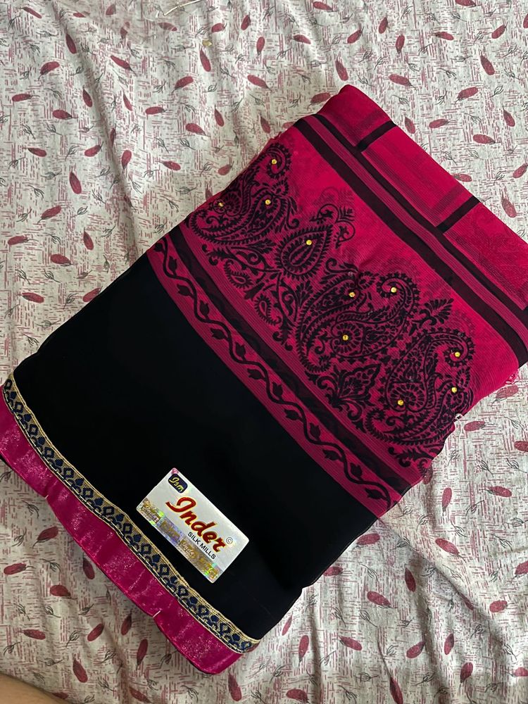 Black and Pink Saree With blouse❤️❤️