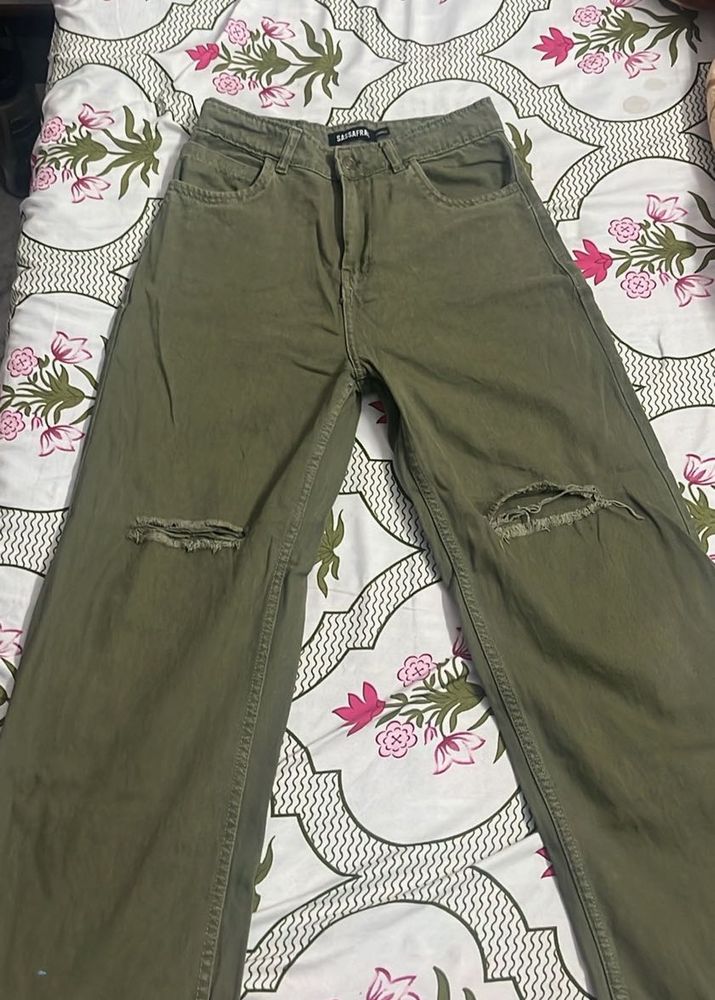 Olive Green Ripped Wide Leg Jeans