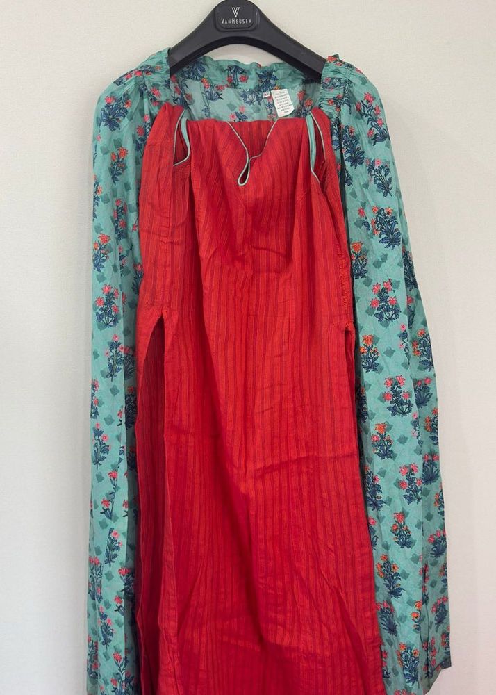 Red &amp; Turquoise Kurti Set With Dupatta