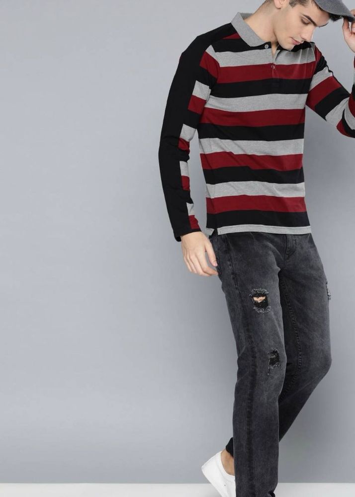Striped Long Sleeve Polo Sweatshirt