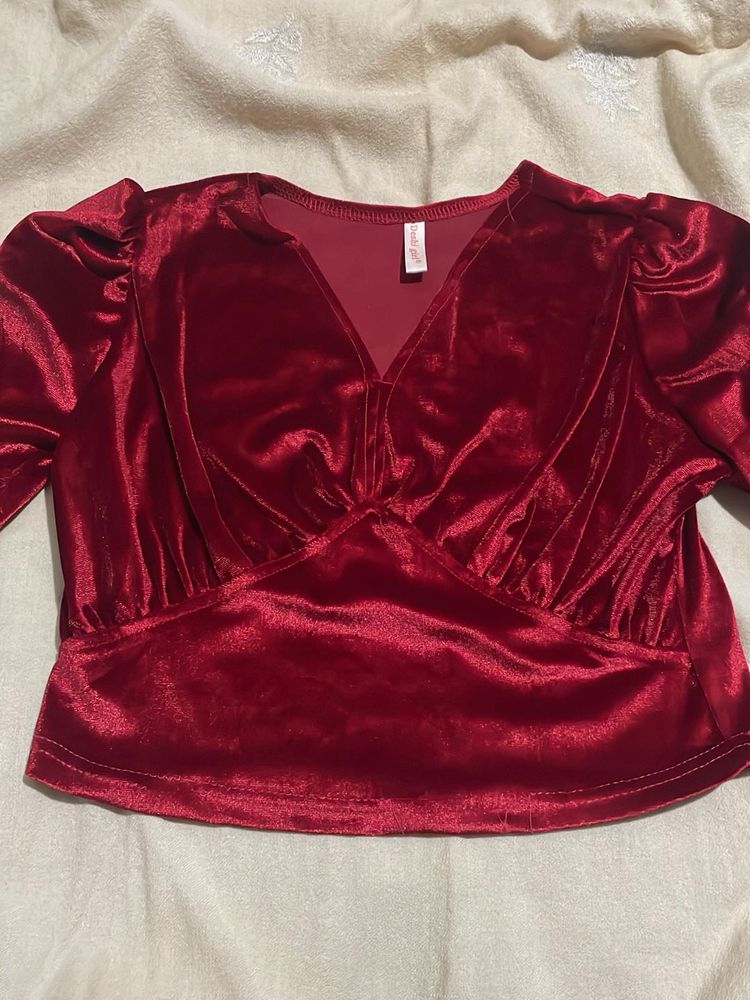 Red Velvet Puff Sleeve Top