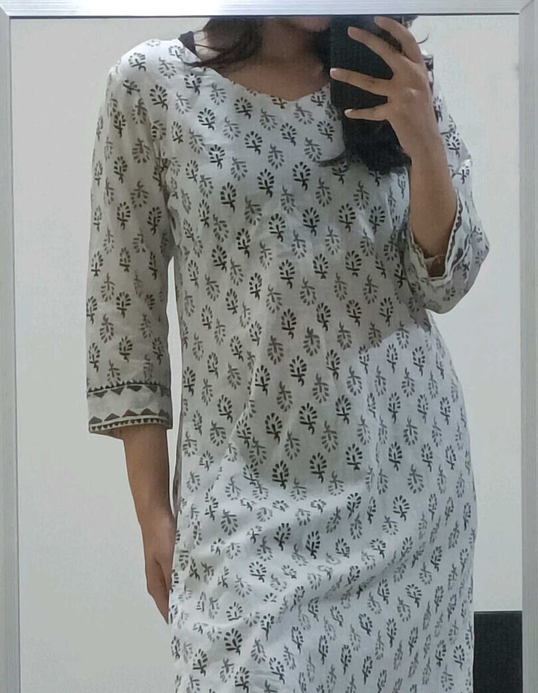 White Block Printed Straight Kurta(Tailor Made)
