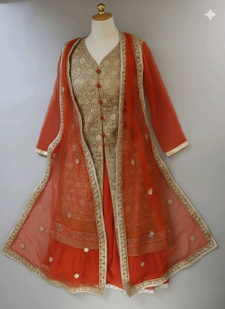 Elegant Orange &amp; Gold Ethnic Gown