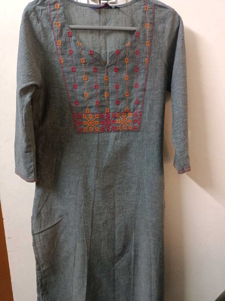 Gray Pure Cotton Kurti with Embroidery