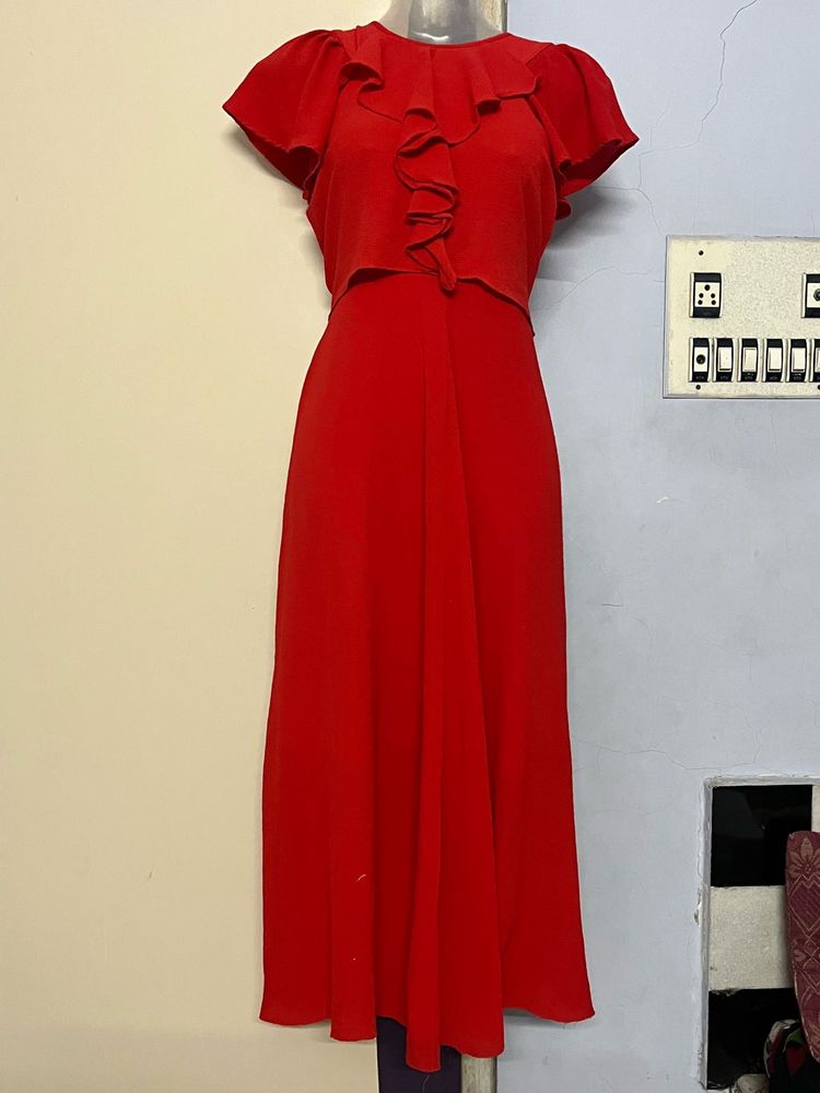 Pintrest Elegant Red Ruffled Midi Dress