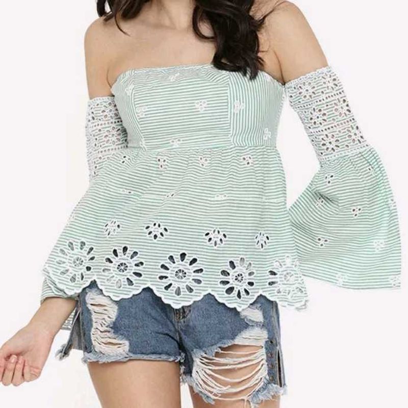 Striped Green off shoulder Crop Top