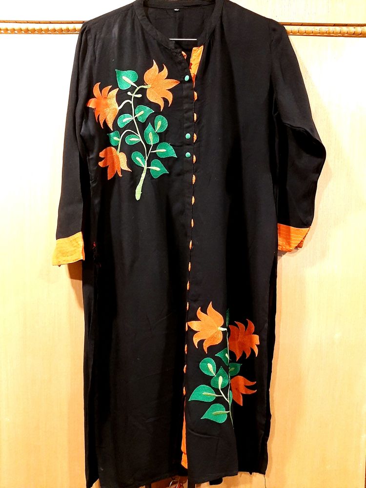 Beautiful Black Kurti With Green And Orange Flower Embroidery
