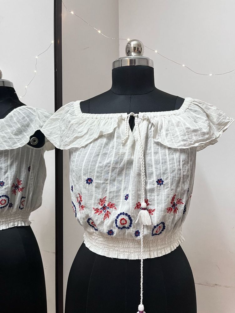 White Embroidered Crop Top