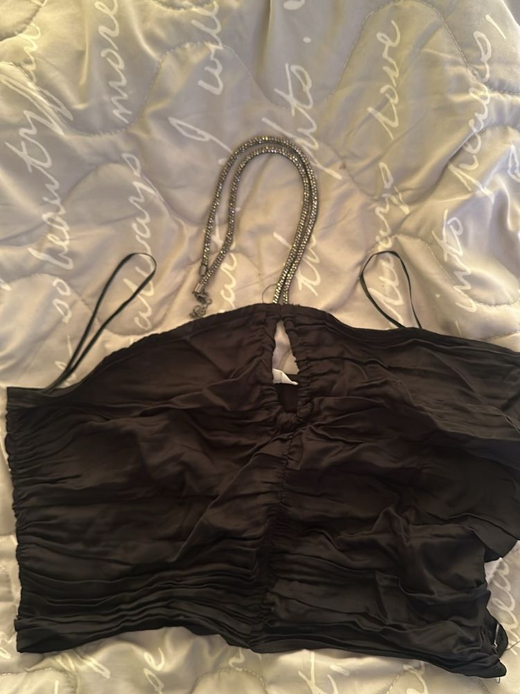 H&amp;M Gathered satin halter-neck top