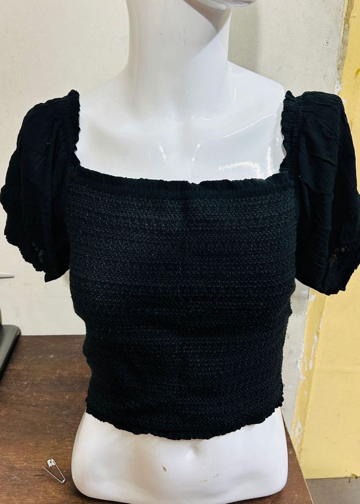 Black Smocked Crop Top