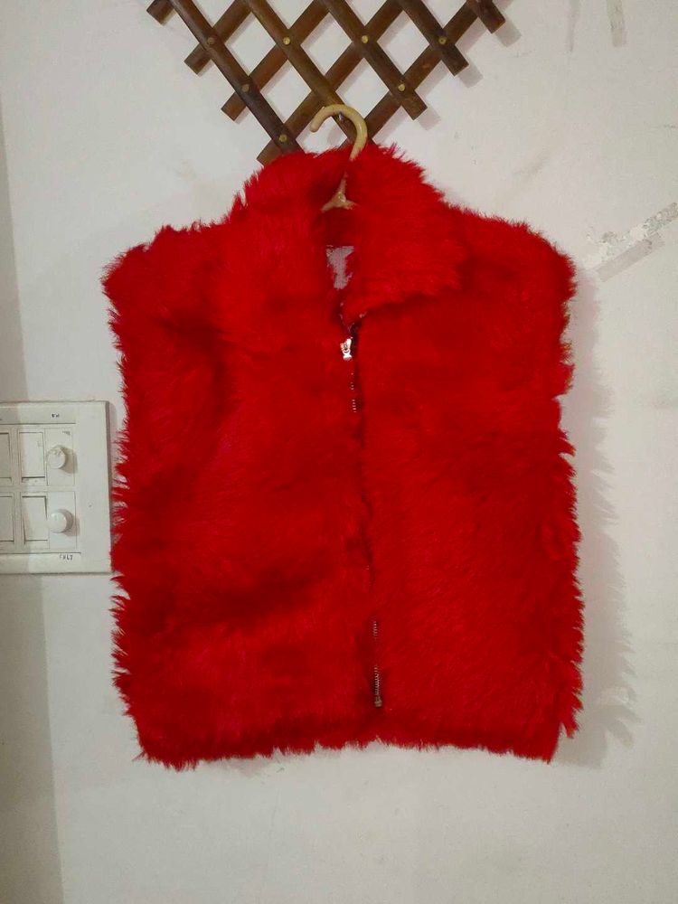 Red Faux Fur Zip Up Vest
