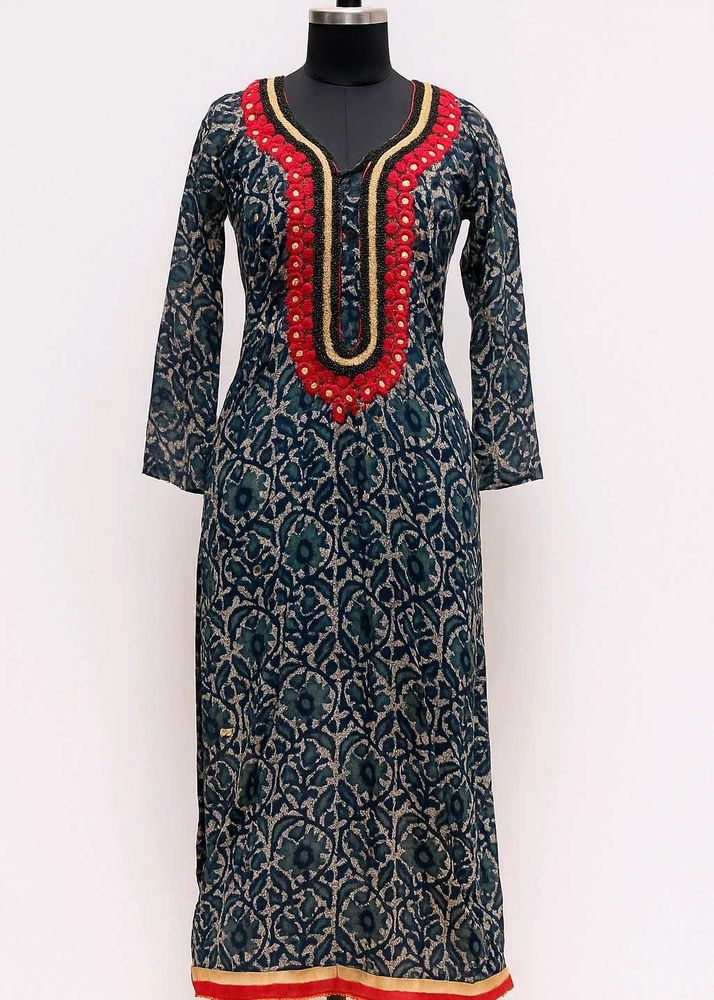 Floral Block Print Kurti with Embellished Neckline