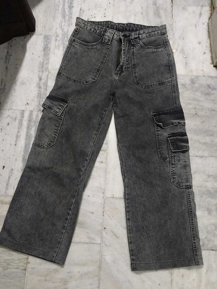 Gray Wide Leg Cargo Jeans