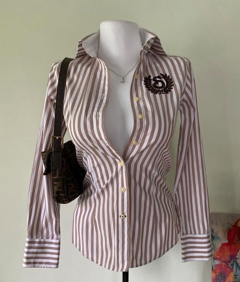 Beige stripe pure cotton fitted shirt