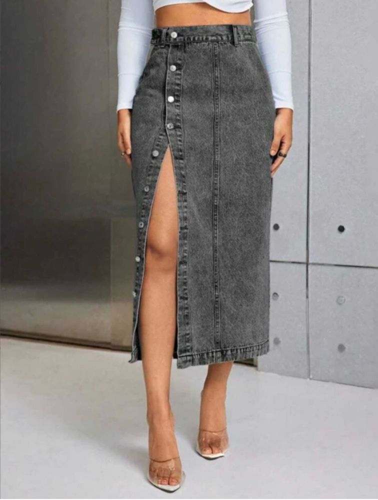 Black Button Denim long Skirt