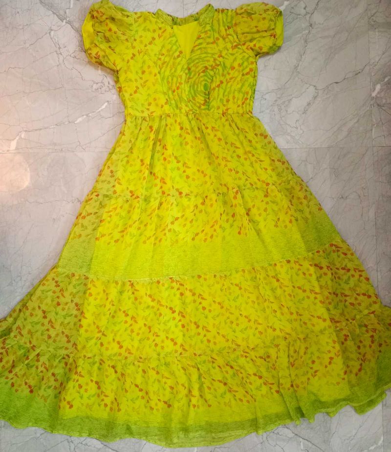 Stylish Lime green floral long Frock