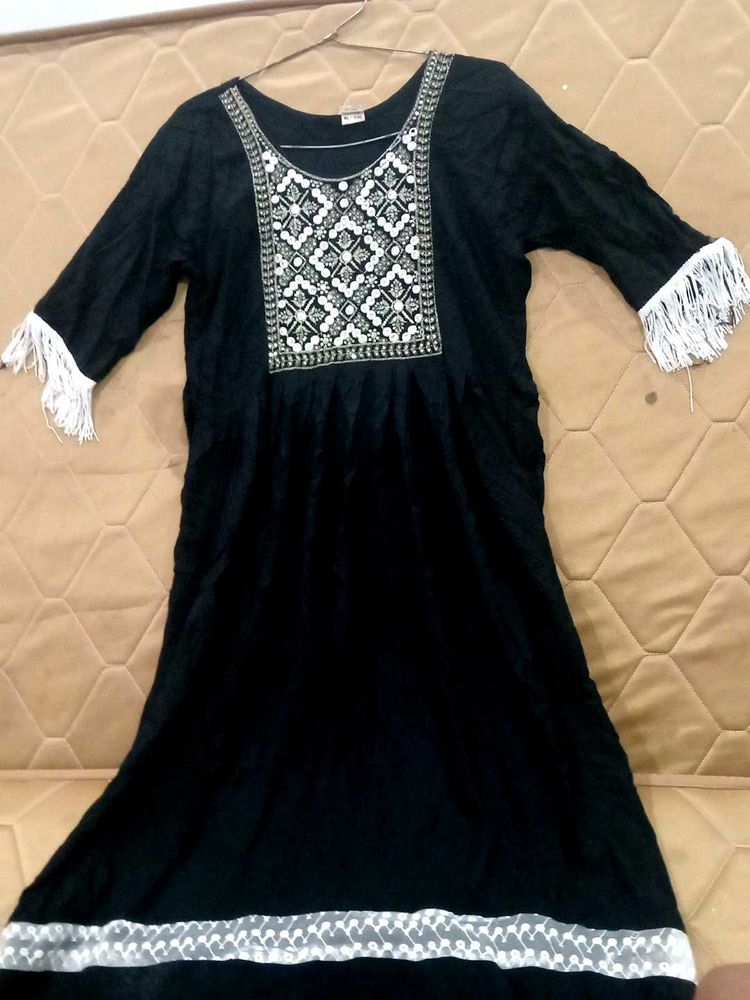 Black Embroidered Dress with Fringe Details