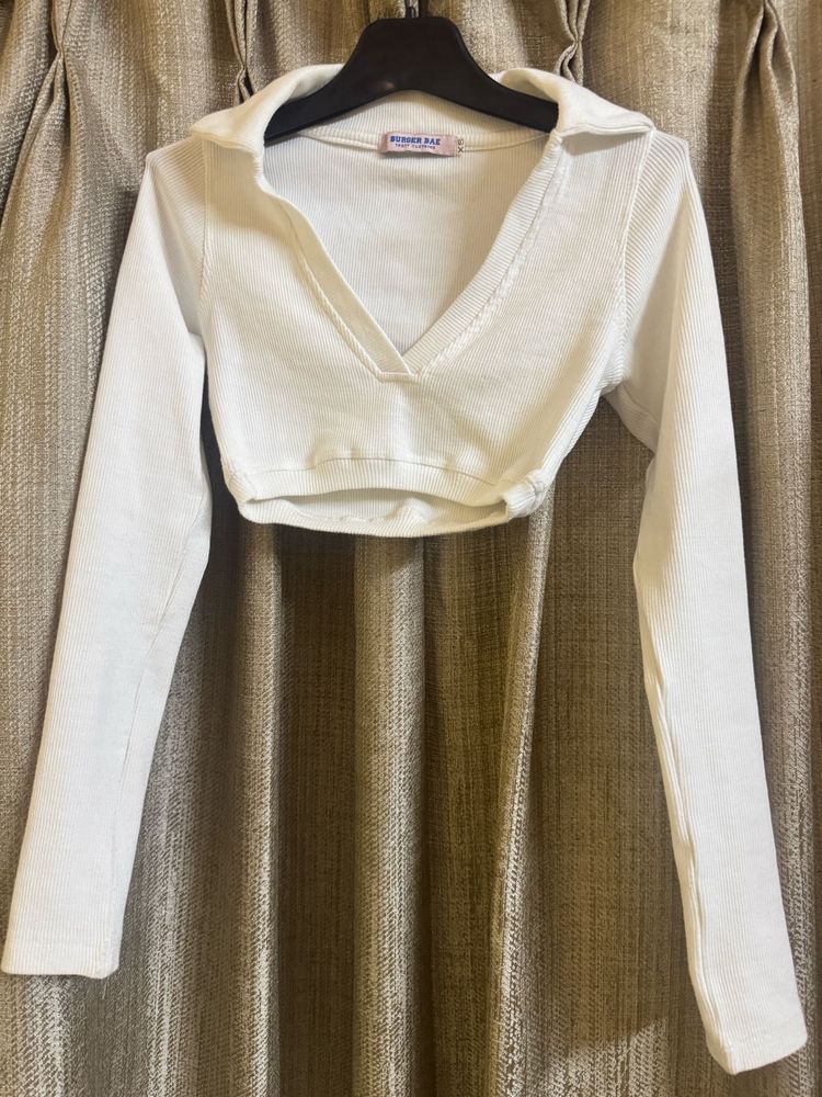 White Cropped Long Sleeve Top
