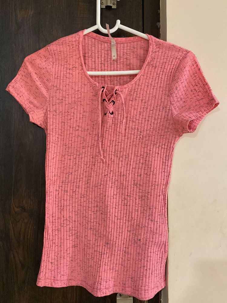 Cute Pink Ribbed Lace-Up Top