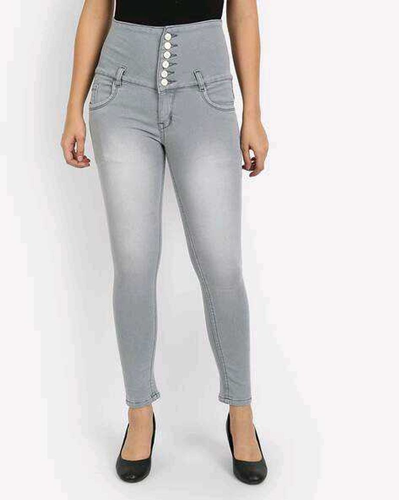 High Waisted Grey Button Jeans
