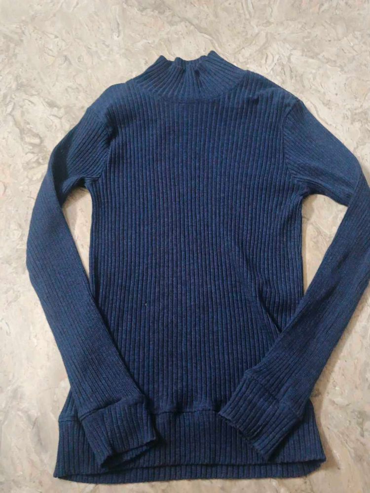 Navy Ribbed Mock Neck Top