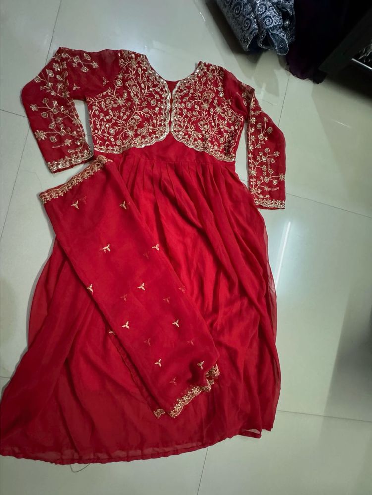 Red Embroidered Kurta Set