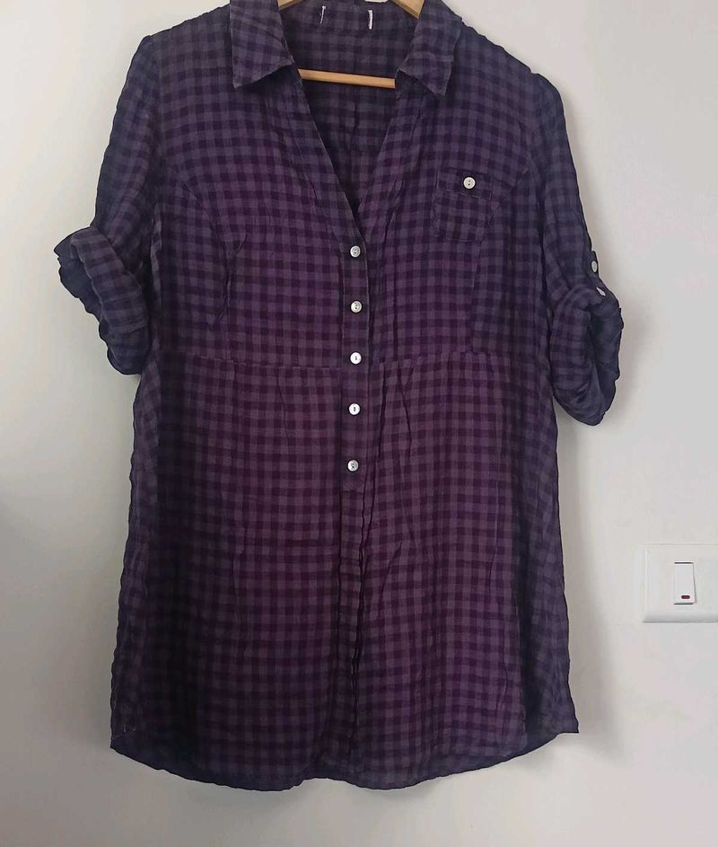 Purple Plaid Roll Tab Sleeve Tunic