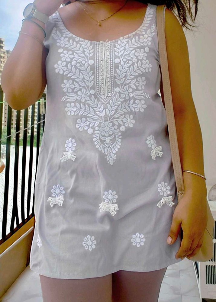 Grey Embroidery Short Kurthi