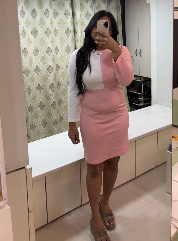 Pink Colorblock Long Sleeve Dress - With back belt