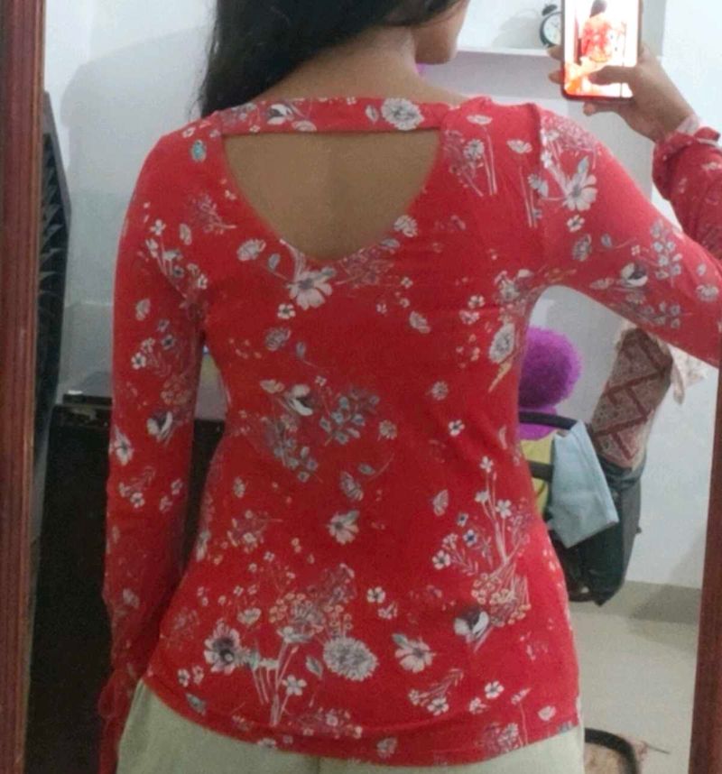 Red Floral Long Sleeve Top