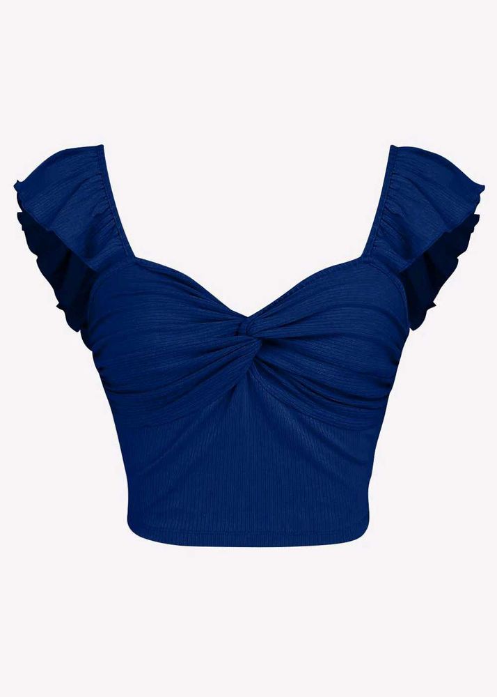 Blue Ruffle Sleeve Crop Top
