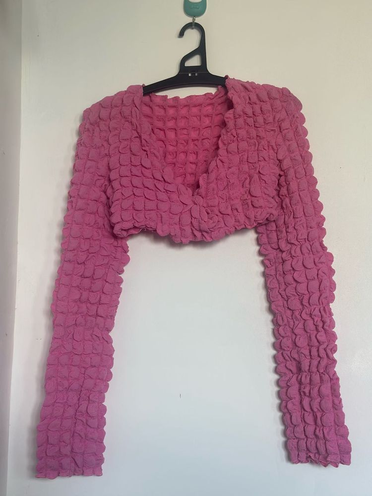 Pink Textured Cropped Jacket