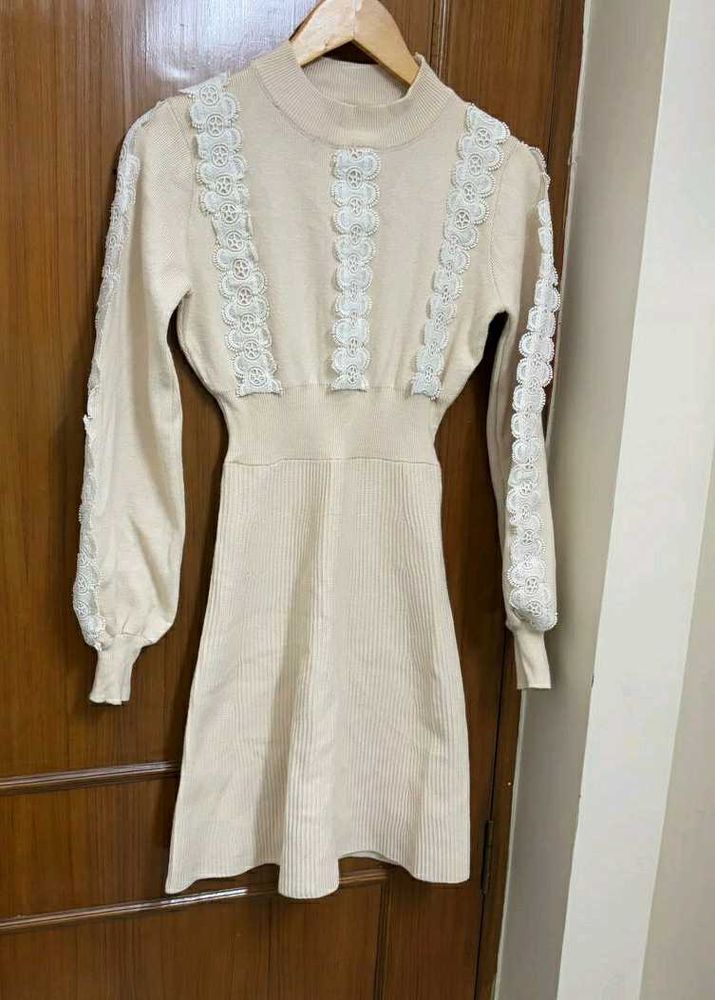 Korean Lace Trim Knit Dress