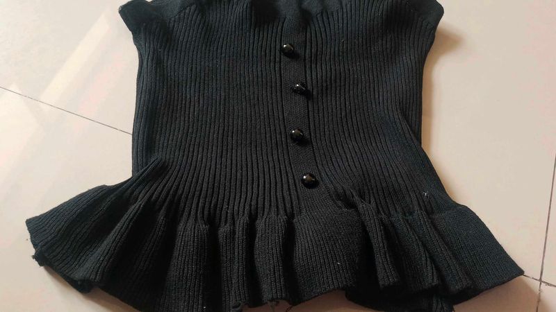 Black Ruffle Hem Button Up Sweater