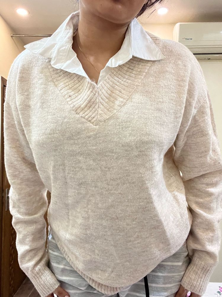 Beige V-Neck Sweater