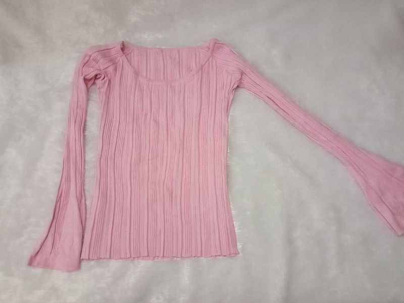 Pink Ribbed Bell Sleeve Top