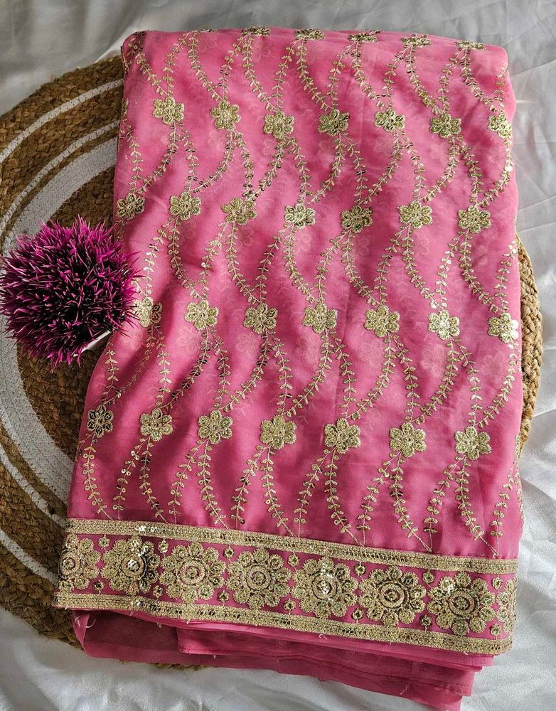 Pink Saree With Gold Sequin Work
