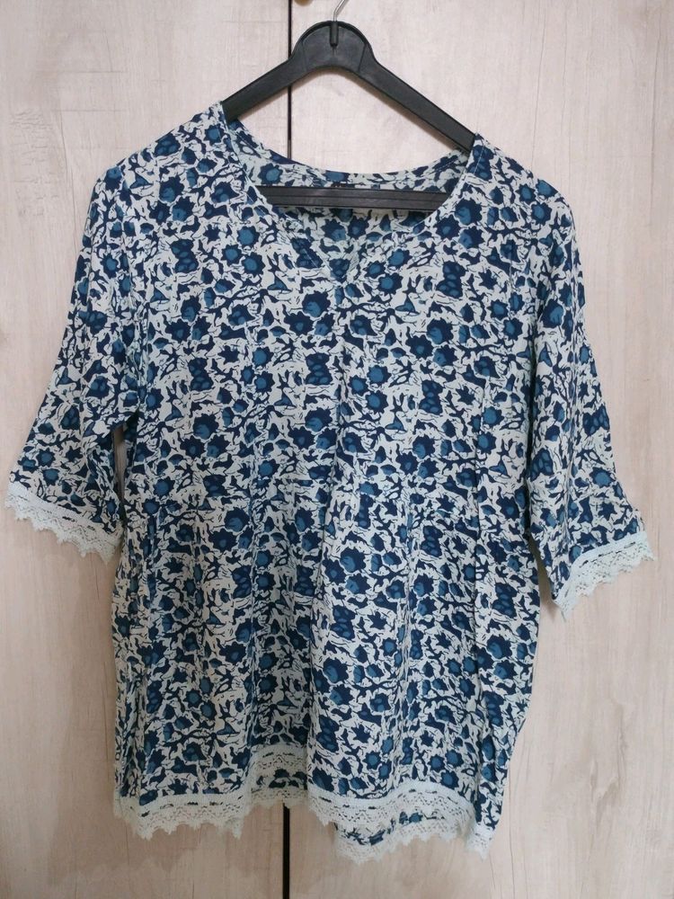 Printed Cotton Top with Lace Detailing