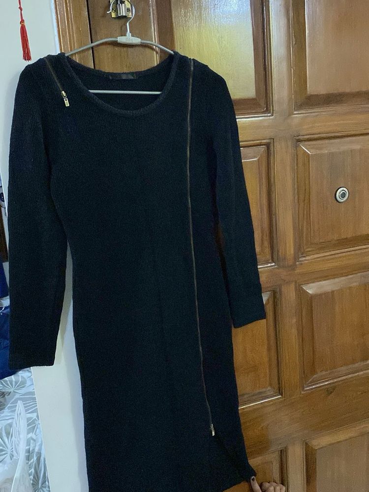 Chic Black Bodycon Woolen Dress